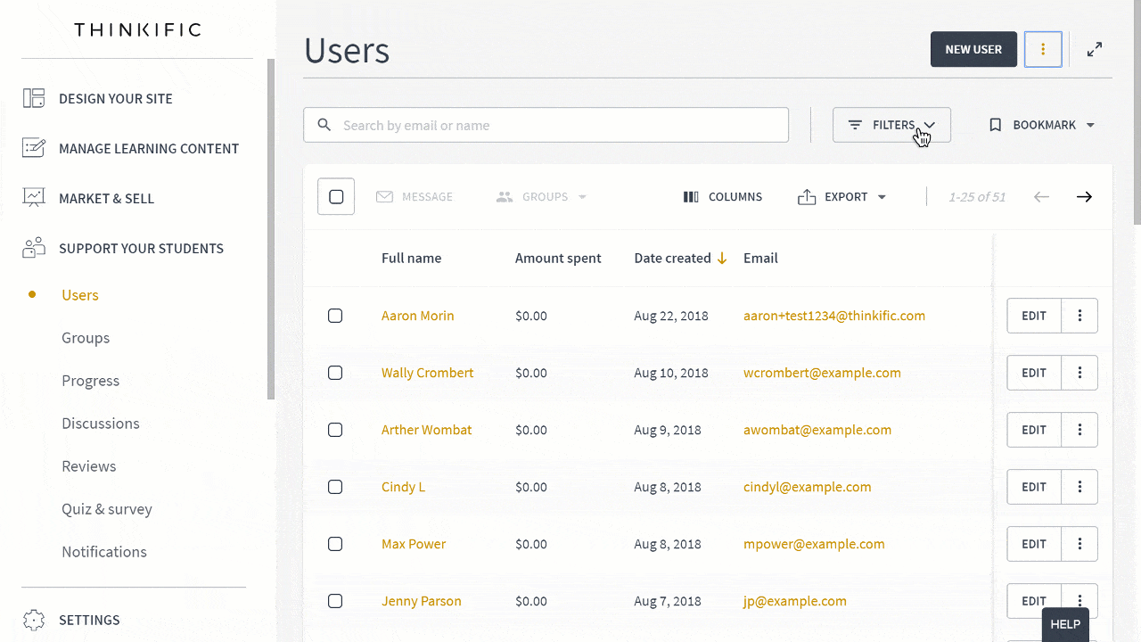 Showing the new users report in the new Thinkific UI