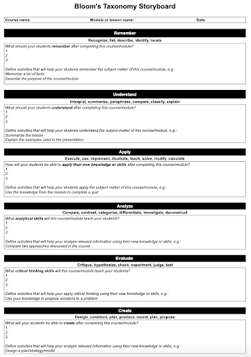 A fillable template for planning with Bloom's Taxonomy
